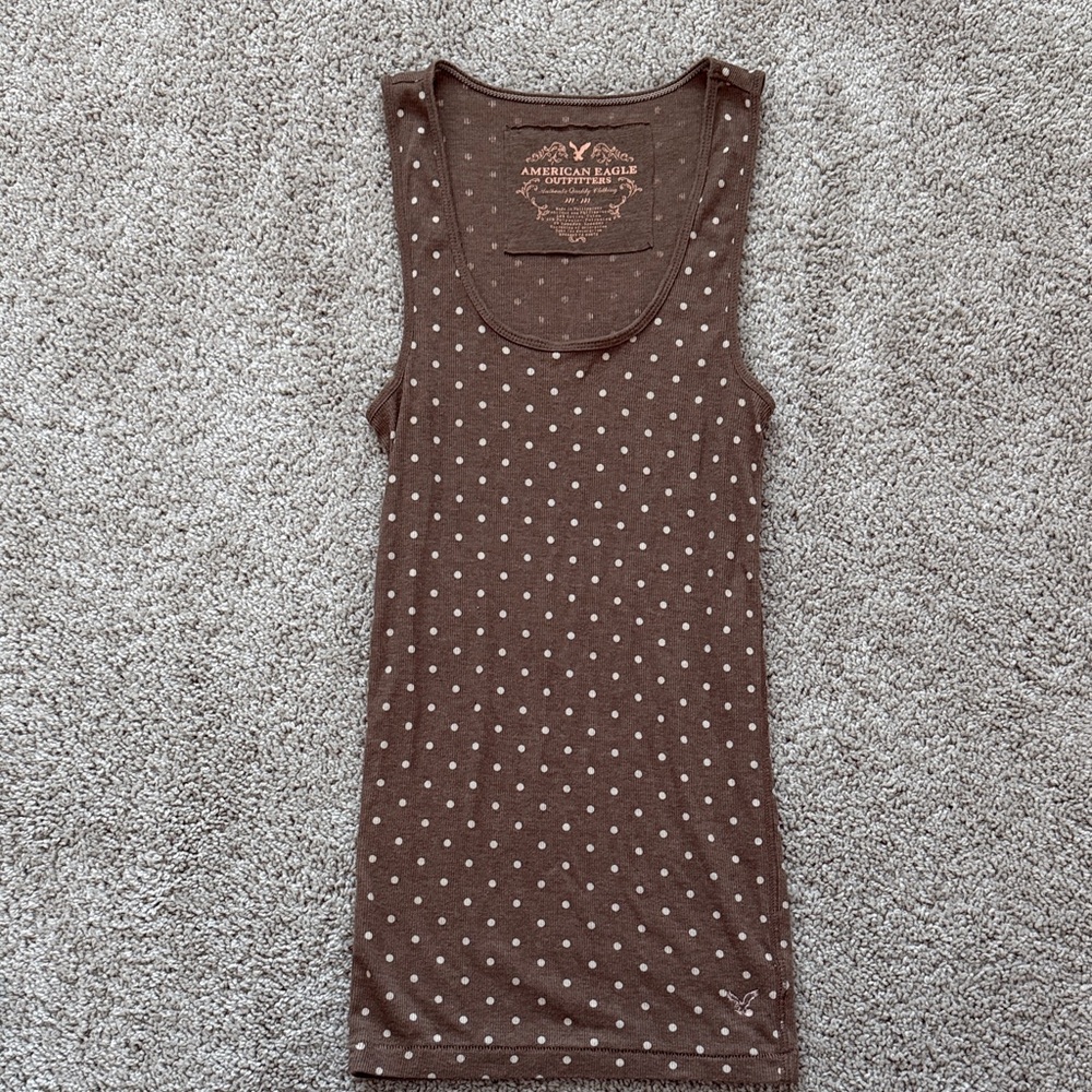 Vintage Y2K American Eagle Outfitters Brown and White Polka Dot Tank Top